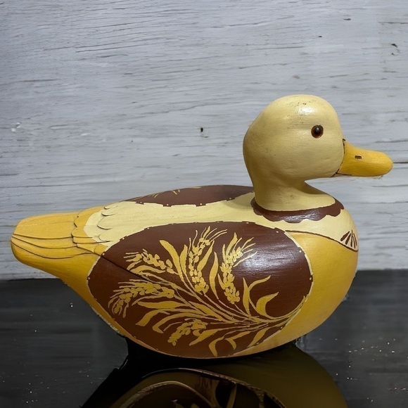 Wooden Duck Decoy Mallard Gold Yellow Brown Carved Accent Vintage